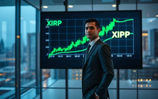 Financial analyst in office with XRP price chart showing upward trend on screen