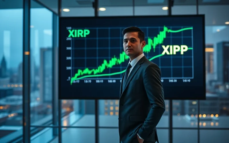 Financial analyst in office with XRP price chart showing upward trend on screen