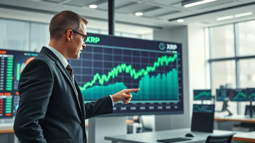 Financial analyst reviewing an XRP price chart on a large display in a modern trading office
