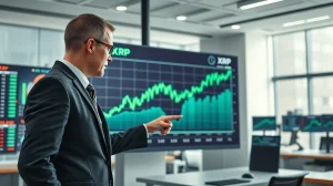 Financial analyst reviewing an XRP price chart on a large display in a modern trading office