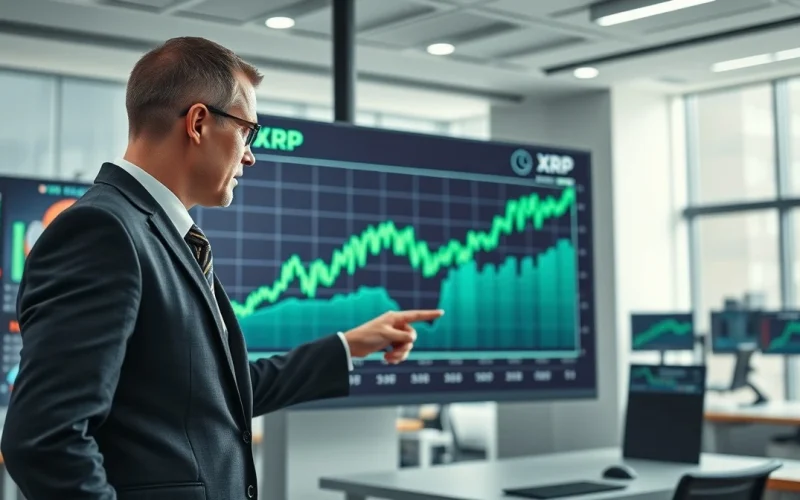 Financial analyst reviewing an XRP price chart on a large display in a modern trading office
