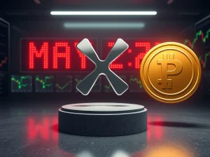 XRP token symbol with countdown clock showing May 21 deadline and small Pepeto token nearby in a trading room setting.