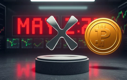 XRP token symbol with countdown clock showing May 21 deadline and small Pepeto token nearby in a trading room setting.