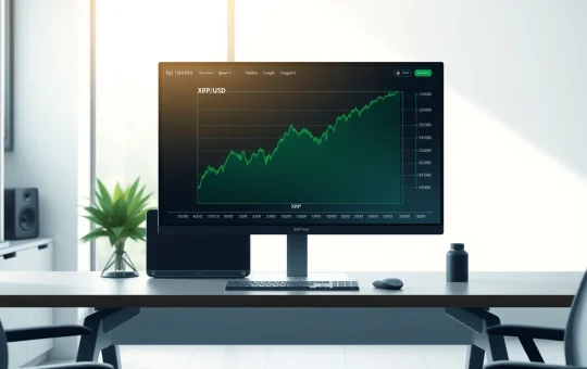 Financial chart showing a predicted surge in XRP price on a professional trading desk monitor.