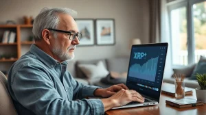 Person reviewing XRP price chart on laptop in a home office setting