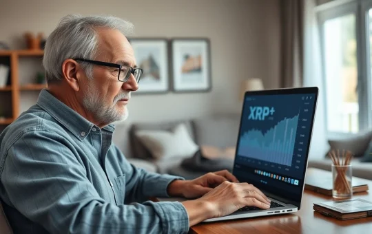 Person reviewing XRP price chart on laptop in a home office setting