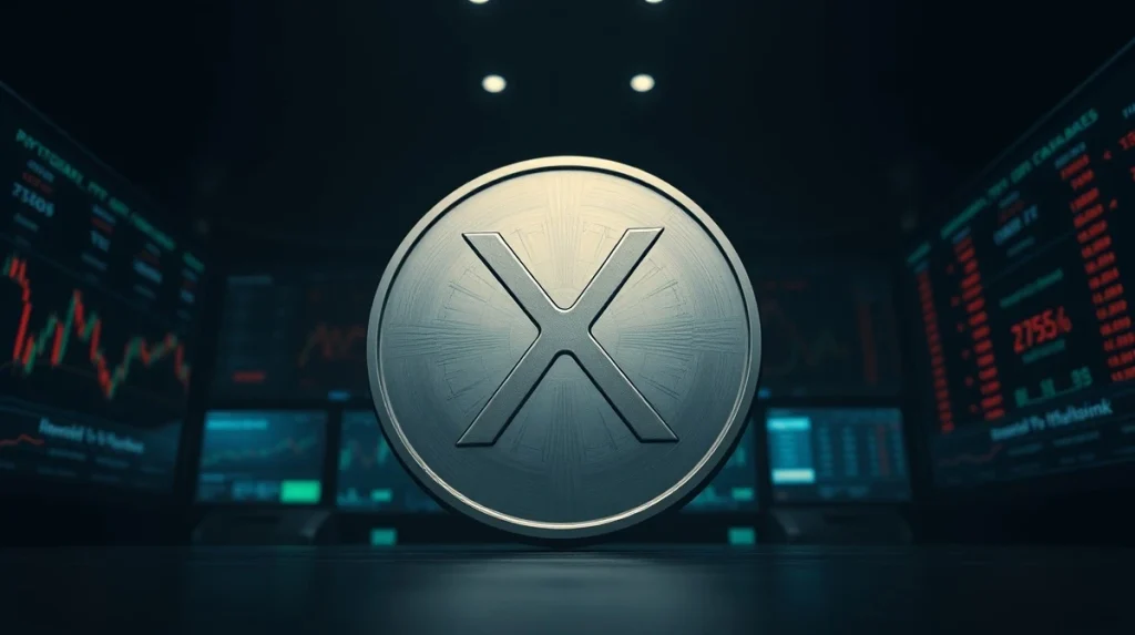 XRP coin symbol centered on a dark trading floor background with blurred candlestick charts