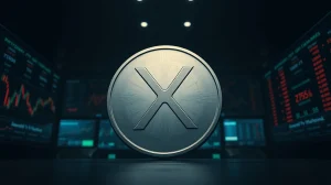 XRP coin symbol centered on a dark trading floor background with blurred candlestick charts