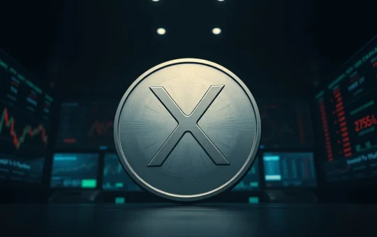 XRP coin symbol centered on a dark trading floor background with blurred candlestick charts