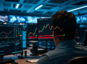 XRP price chart showing symmetrical triangle pattern on trading monitors