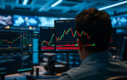 XRP price chart showing symmetrical triangle pattern on trading monitors