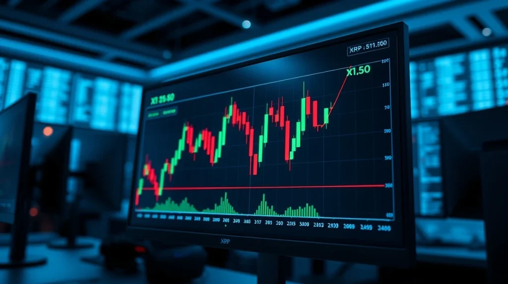 XRP price chart showing high volatility near $1.50 resistance level on a trading screen