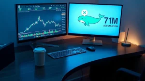 XRP trading desk with monitors showing price charts and whale accumulation data
