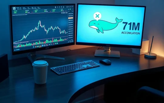 XRP trading desk with monitors showing price charts and whale accumulation data