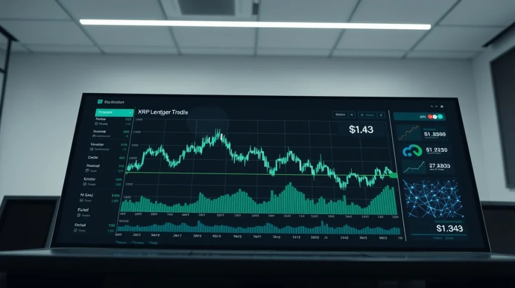 XRP price chart and XRP Ledger network visualization on a digital dashboard