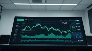 XRP price chart and XRP Ledger network visualization on a digital dashboard