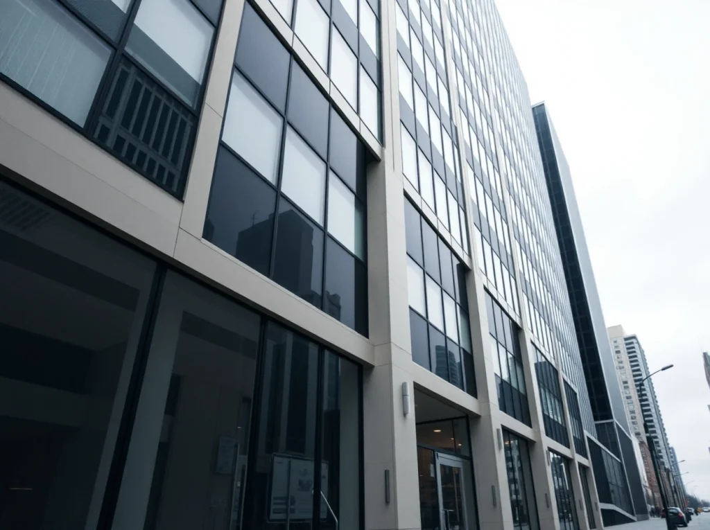 Modern corporate office building facade under overcast sky representing financial broker headquarters