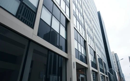 Modern corporate office building facade under overcast sky representing financial broker headquarters