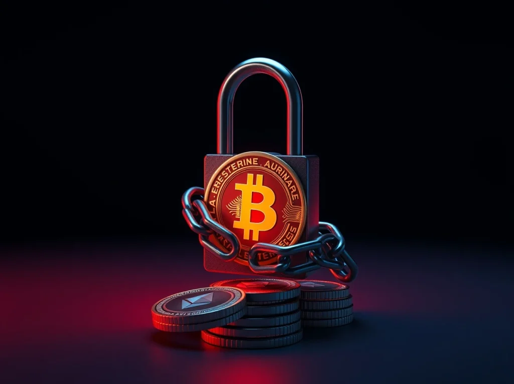 ZachXBT investigation freezes $41.5 million after $150 million crypto Ponzi scheme collapse, showing digital lock on cryptocurrency coins.