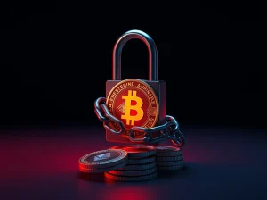 ZachXBT investigation freezes $41.5 million after $150 million crypto Ponzi scheme collapse, showing digital lock on cryptocurrency coins.