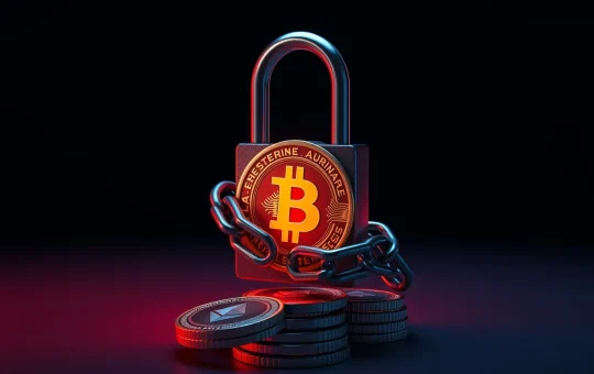 ZachXBT investigation freezes $41.5 million after $150 million crypto Ponzi scheme collapse, showing digital lock on cryptocurrency coins.