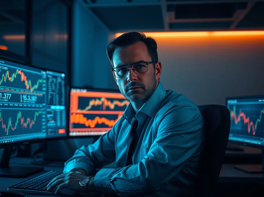 Blockchain investigator analyzing cryptocurrency trading charts and wallet data on multiple monitors in a dimly lit office.