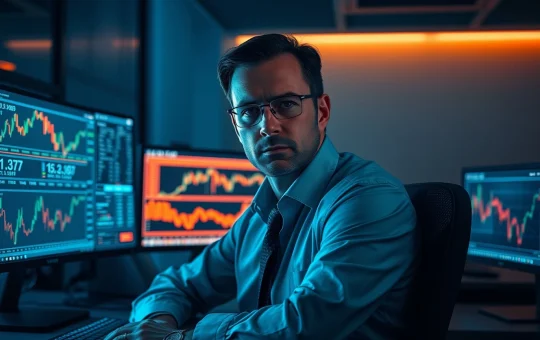 Blockchain investigator analyzing cryptocurrency trading charts and wallet data on multiple monitors in a dimly lit office.