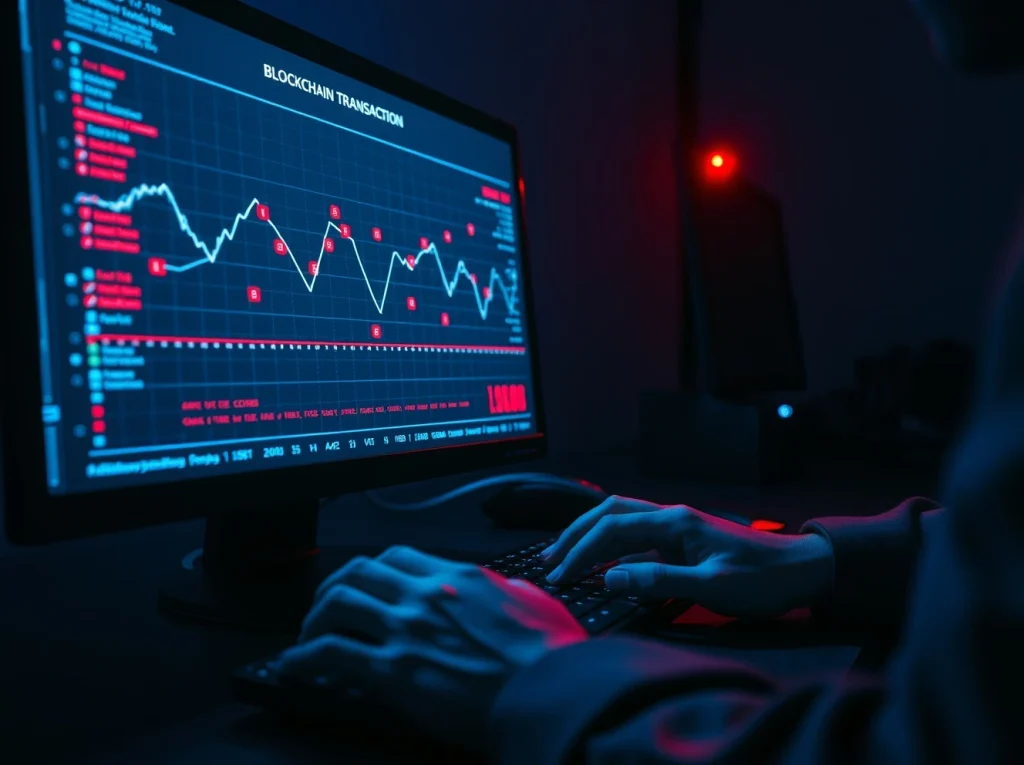 On-chain investigator analyzing a blockchain transaction graph on a computer screen.