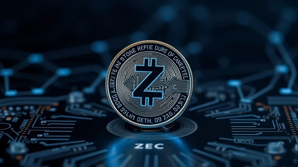 A Zcash privacy coin illuminated on a dark circuit board background, representing digital currency and blockchain technology.