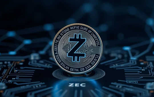 A Zcash privacy coin illuminated on a dark circuit board background, representing digital currency and blockchain technology.