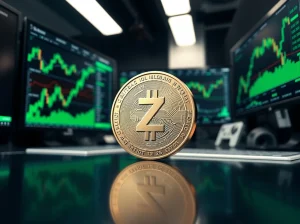 Zcash ZEC coin surging in price with bullish trading charts in background