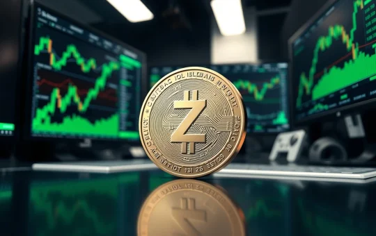 Zcash ZEC coin surging in price with bullish trading charts in background