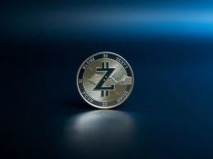 Close-up of a metallic Zcash coin on a dark background, symbolizing the cryptocurrency's recent price surge.