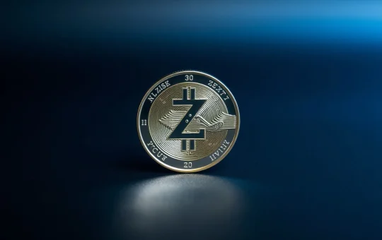 Close-up of a metallic Zcash coin on a dark background, symbolizing the cryptocurrency's recent price surge.