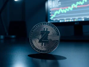 Zcash coin on desk with financial charts in background representing price analysis