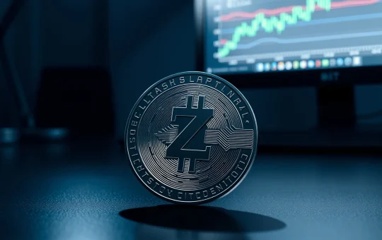 Zcash coin on desk with financial charts in background representing price analysis
