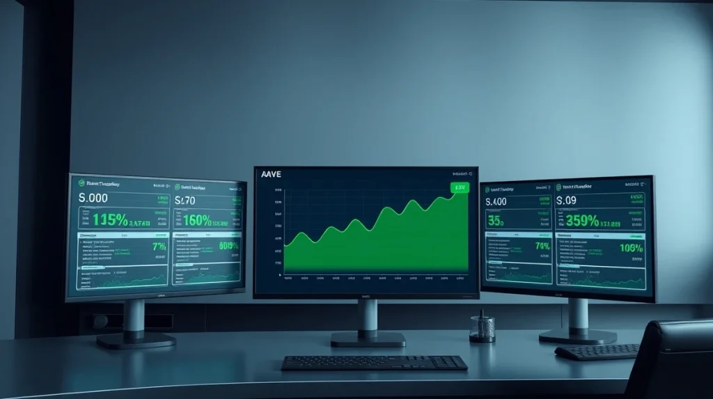 AAVE price chart showing 15% surge on financial dashboard with DeFi protocol data