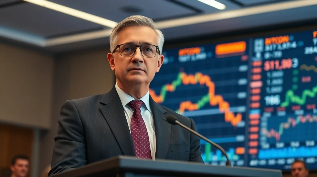 Adam Back speaking at a conference with Bitcoin and stock charts on screen behind him