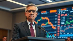Adam Back speaking at a conference with Bitcoin and stock charts on screen behind him