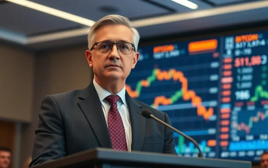 Adam Back speaking at a conference with Bitcoin and stock charts on screen behind him
