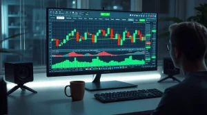 Close-up of a monitor displaying a cryptocurrency trading dashboard with candlestick charts and algorithmic indicators in a dark room.
