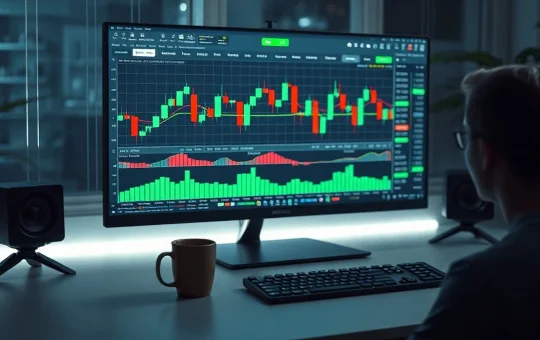Close-up of a monitor displaying a cryptocurrency trading dashboard with candlestick charts and algorithmic indicators in a dark room.
