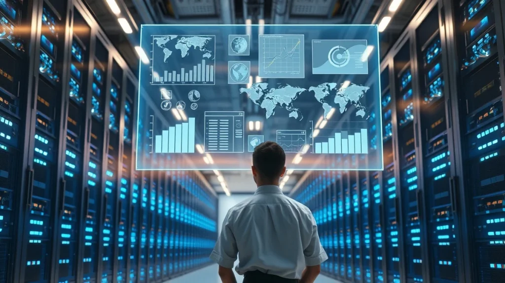Data analyst viewing holographic AI prediction charts in a modern data center