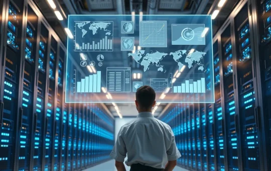 Data analyst viewing holographic AI prediction charts in a modern data center