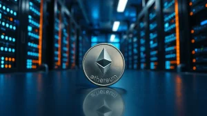 Ethereum coin in foreground of a modern data center representing institutional staking infrastructure