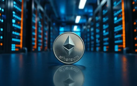 Ethereum coin in foreground of a modern data center representing institutional staking infrastructure