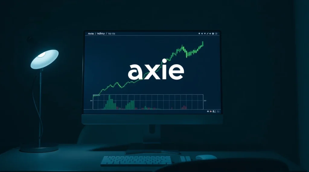 Axie Infinity logo and green price chart on a computer monitor in a dimly lit room