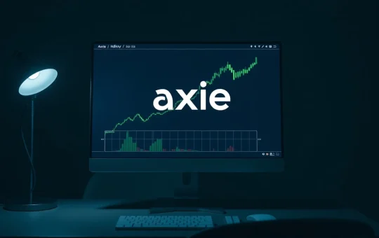 Axie Infinity logo and green price chart on a computer monitor in a dimly lit room