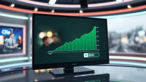 Digital screen showing a rising BAS token price chart in a news studio setting
