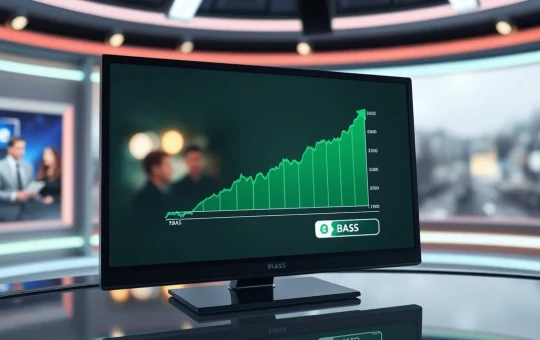Digital screen showing a rising BAS token price chart in a news studio setting